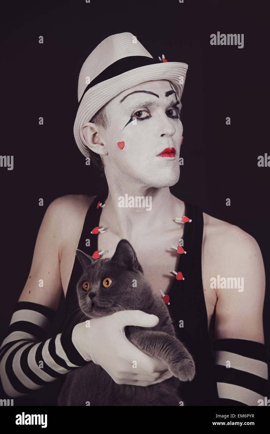 Portrait of the mime with a gray British cat Stock Photo