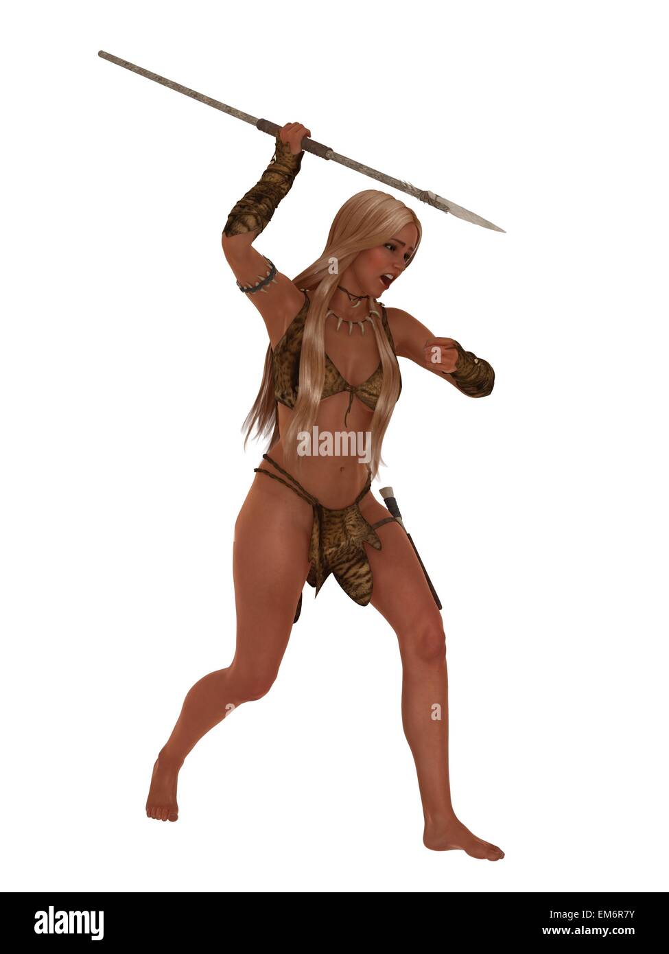 Blonde female in fur loincloth and top hunting with stone spear isolated on white Stock Photo