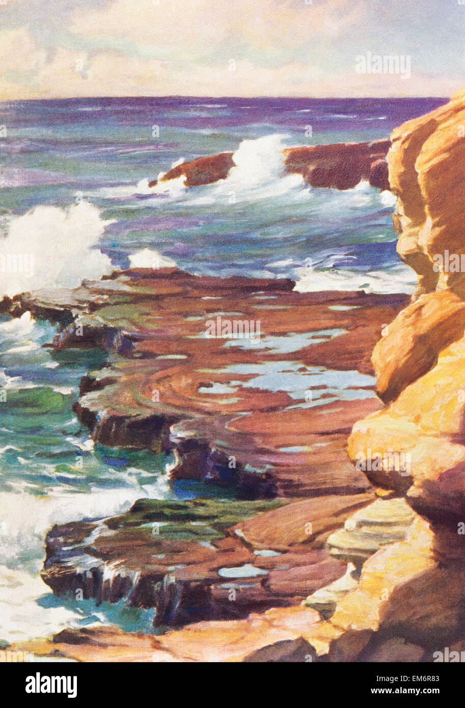 C. 1936, Art By J.H. Sharp, Hawaii, Oahu, Waves Crashing On Rocky Coastline. Stock Photo