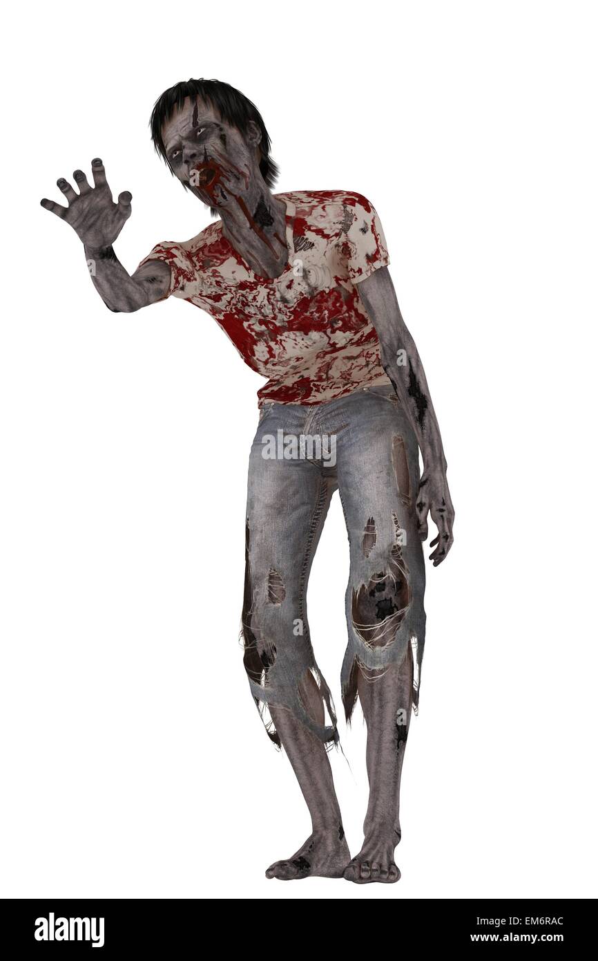 Skeletal decaying zombie with bloody mouth in tattered stained shirt and jeans isolated on white Stock Photo