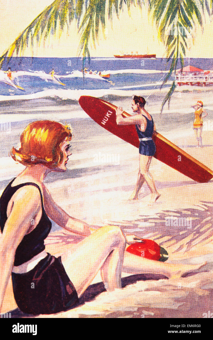 C.1925, Advertising Art, Hawaii, Side View Of Woman On Beach, Surfer Entering Water. Stock Photo
