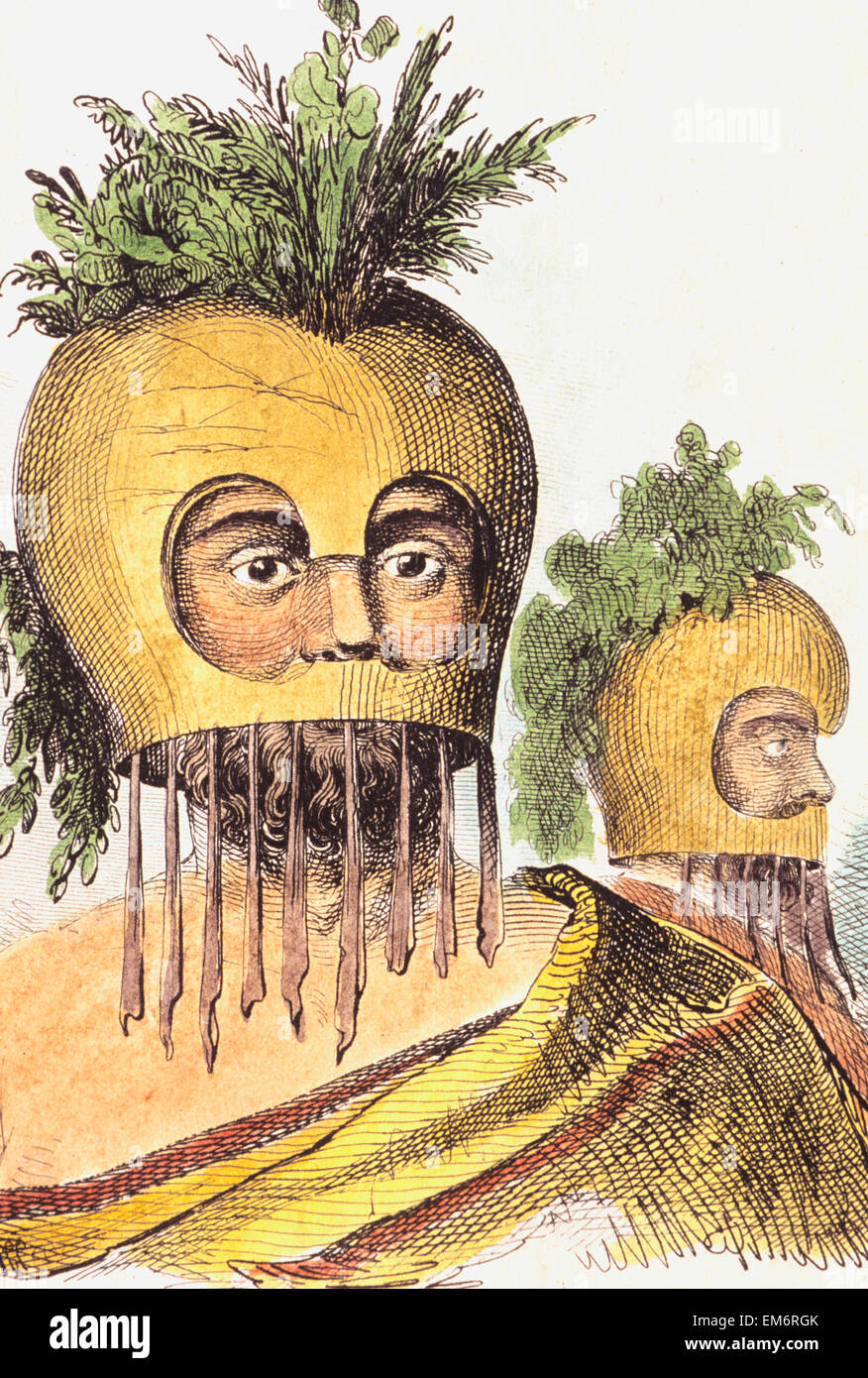 C.1840, Hand Colored Lith, Hawaii, Man In Gourd Mask. Stock Photo