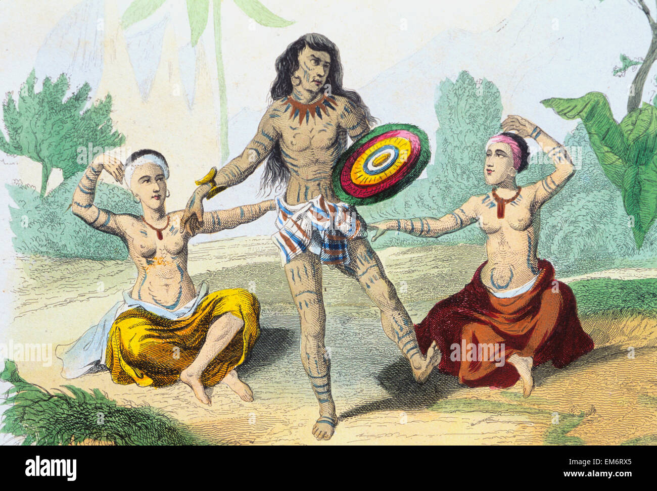 C.1850, Hawaiian Hula Dancers Performing In Costume And Instruments. Stock Photo