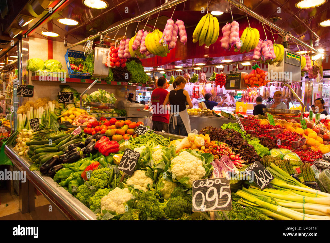 La Boqueria, vegetables, fruits. World famous Barcelona market Spain