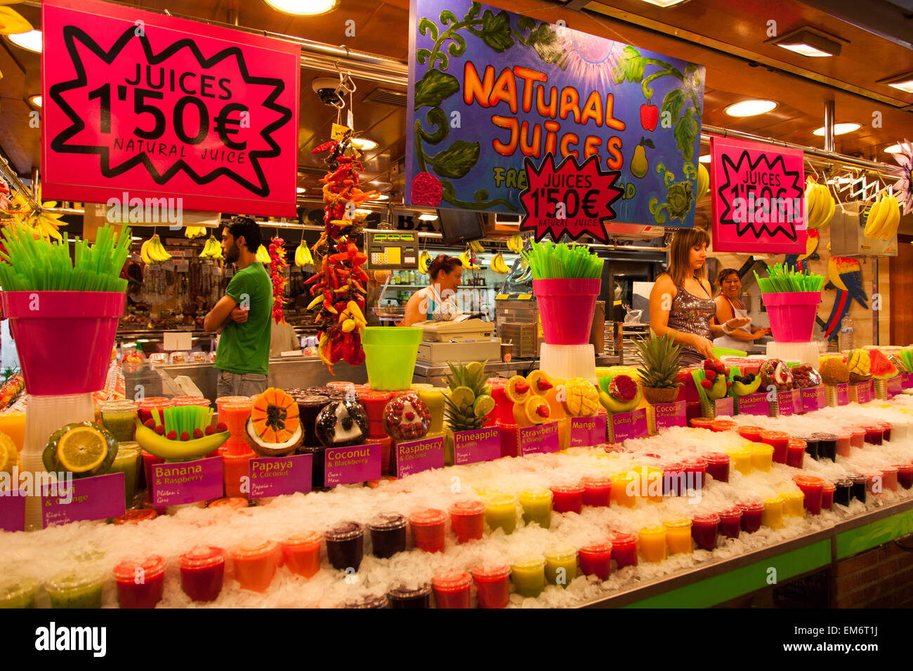La Boqueria, sweets, Candy, juice, smoothie, fruits. World famous Barcelona market Spain Europe