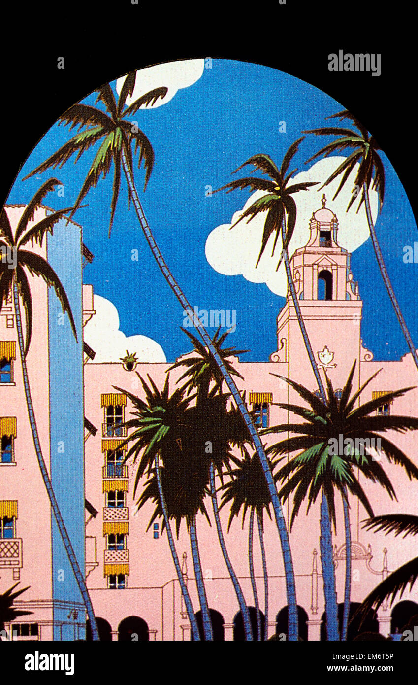 C.1935, Hawaii, Oahu, Honolulu, Royal Hawaiian Hotel And Palm Trees Framed With Arch Of Building. Stock Photo