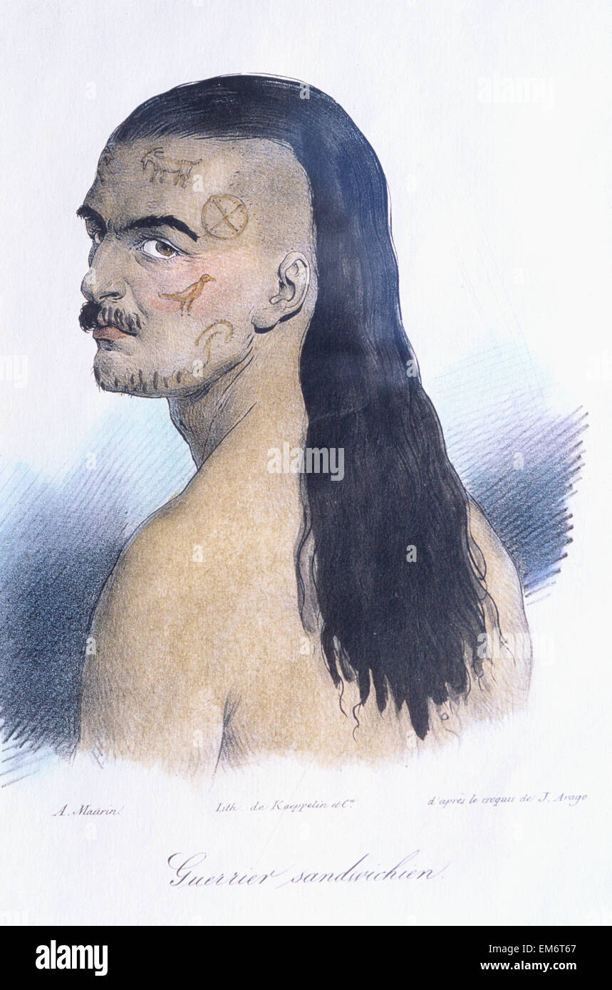 C.1840, Warrior Of The Sandwich Islands, Geurier Sandwich, After Arago, Durmont D'urville. Stock Photo