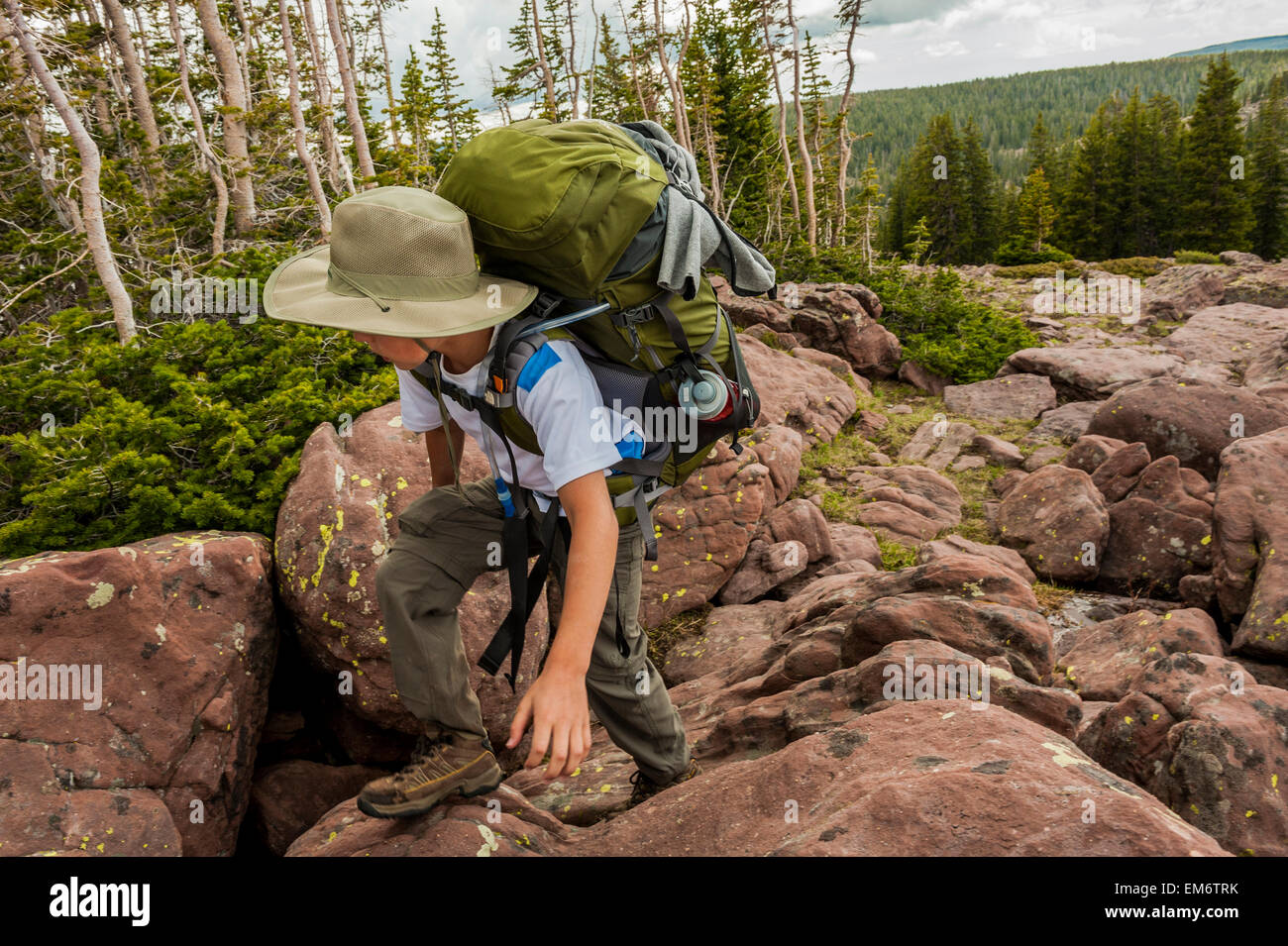 Boys backpack through the High Uintas Wilderness Area, Uintas Range, Utah Stock Photo
