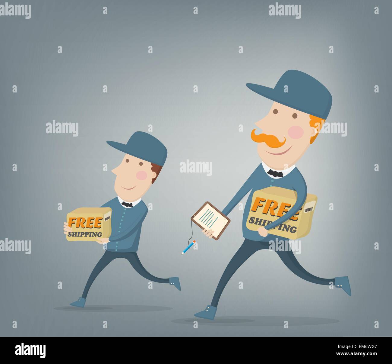 Free shipping. Two couriers delivering  packages shipped for free Stock Vector