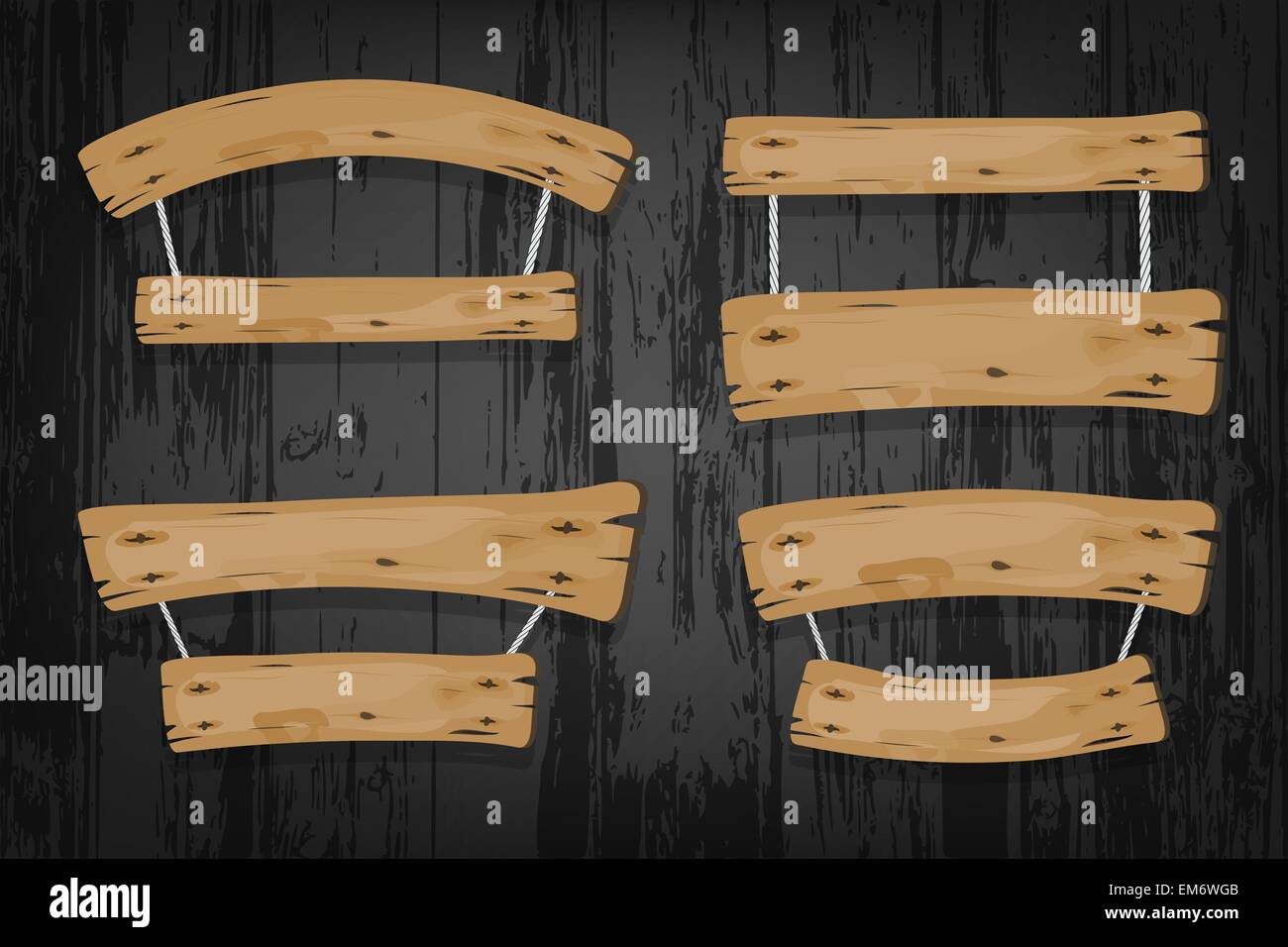 Brown wooden vector banners and ribbons hanging on ropes on wooden background Stock Vector