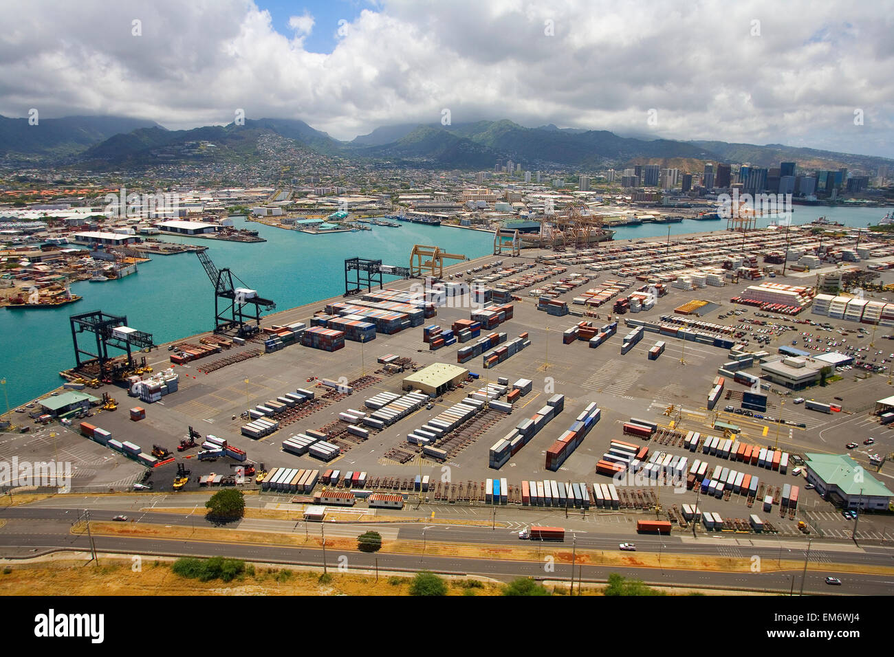 USA, Hawaii, Oahu, Aerial view of container area in port; Honolulu