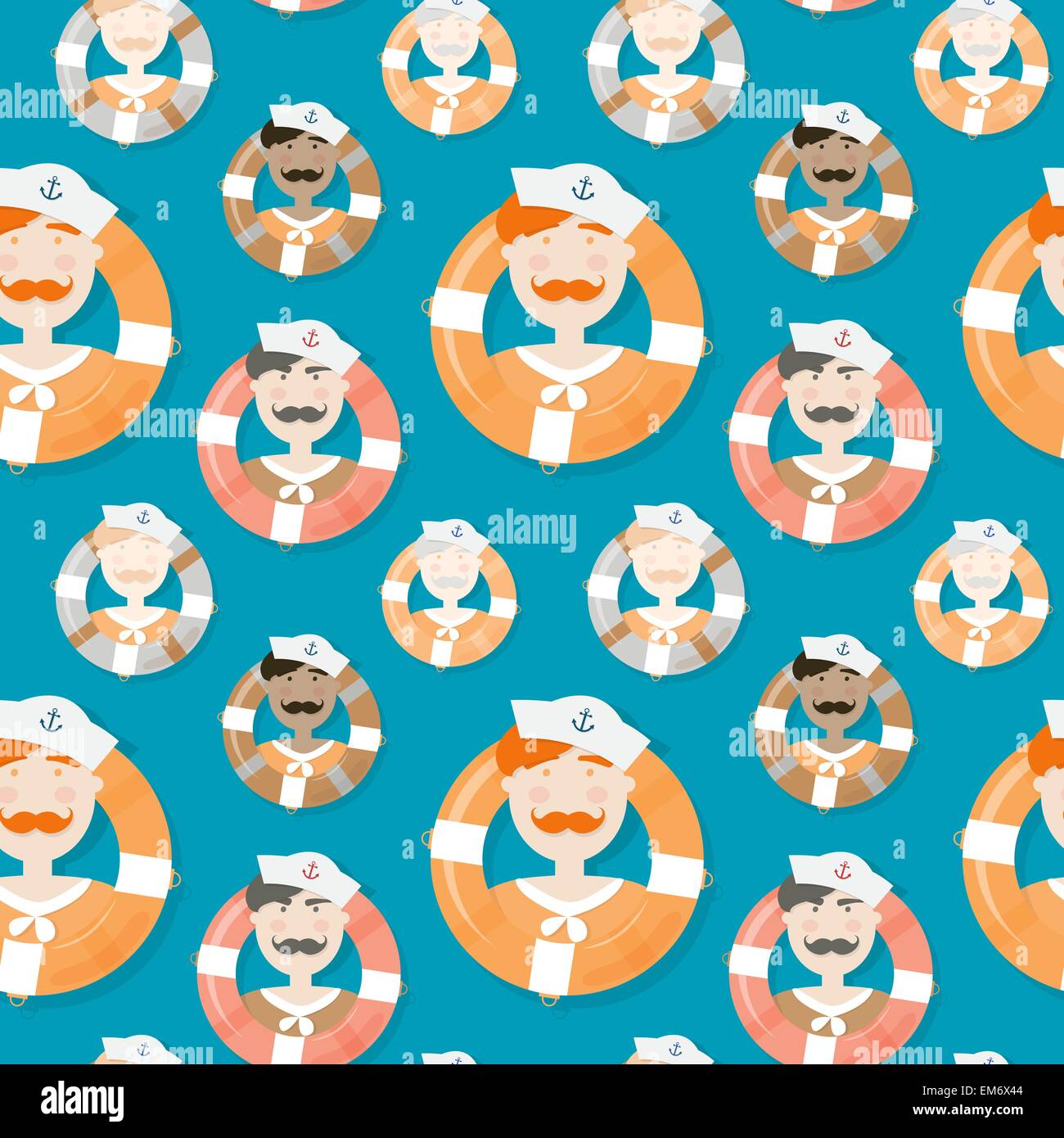 Sailors of different ethnicities seamless vector pattern in cartooning style Stock Vector