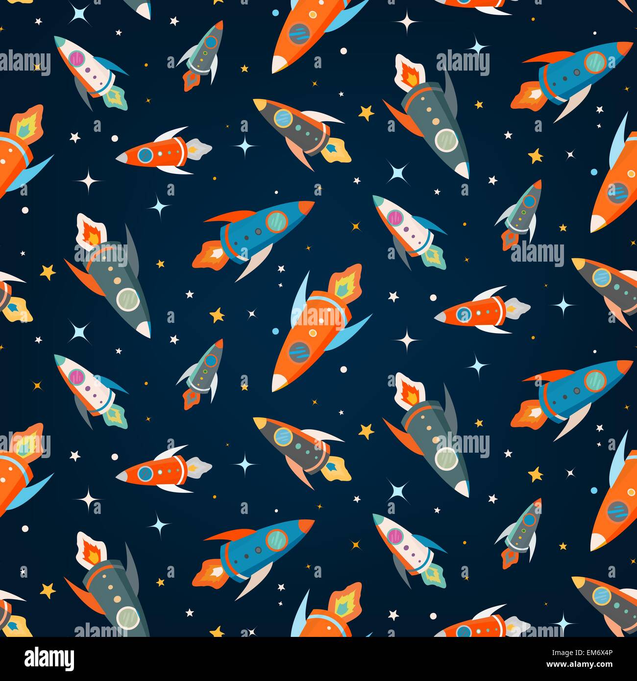 Seamless vector pattern of colorful rockets in outer space among the ...