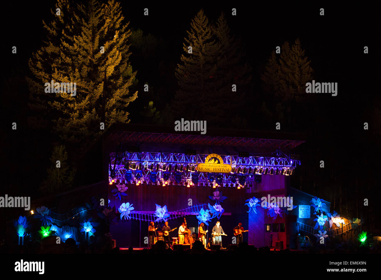 Nighttime performance in Town Park during the Telluride Bluegrass Festival in Telluride, Colorado. Stock Photo