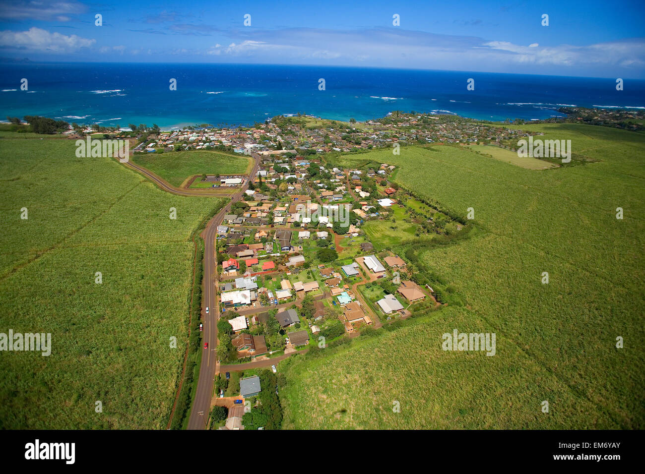 USA, Hawaii, Maui, Aerial view of old plantation town on Maui's north coast of Pacific Ocean; Paia Stock Photo