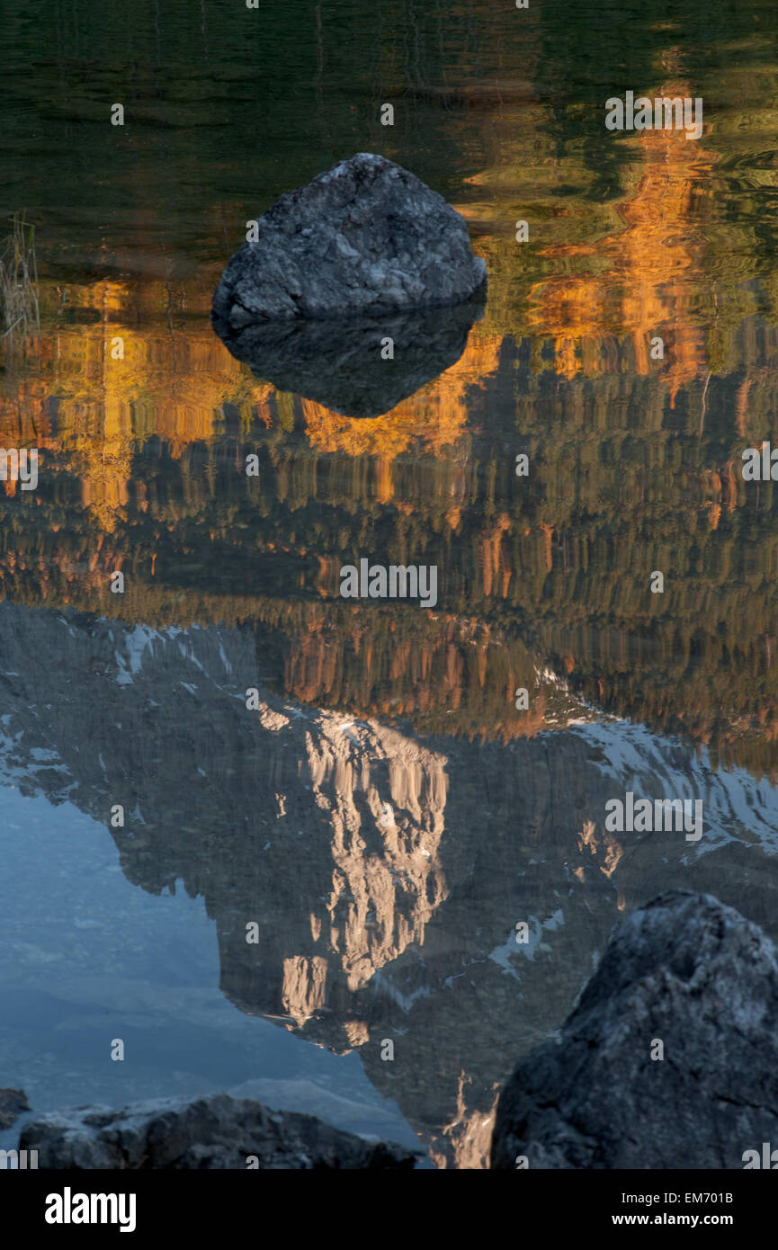 reflection of trees in Fall color and mountain in lake Stock Photo - Alamy