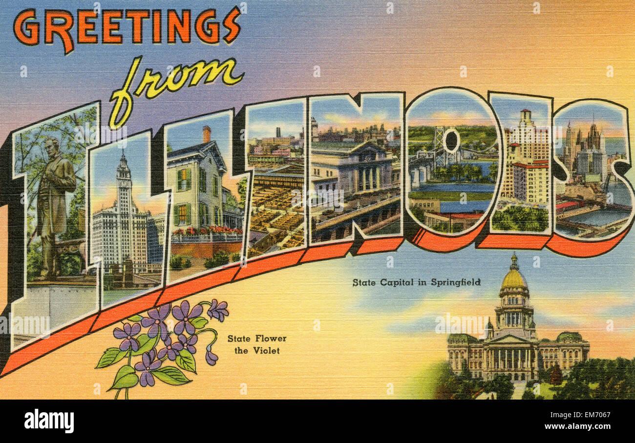 Large letter 'Greetings from Illinois ' state name vintage postcard ca. 1930's-1940's Stock Photo