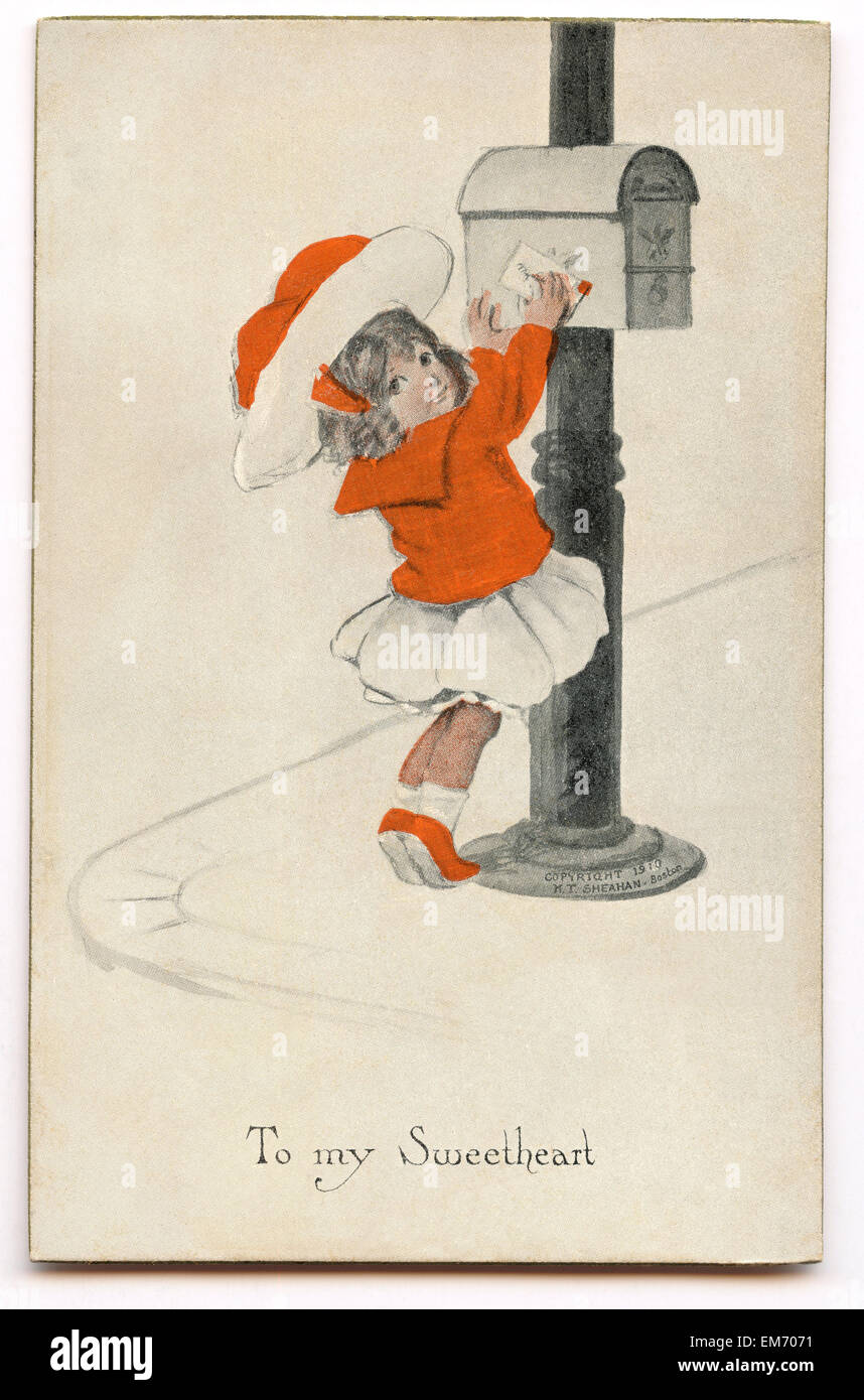 Vintage postcard showing a girl sending a letter Stock Photo