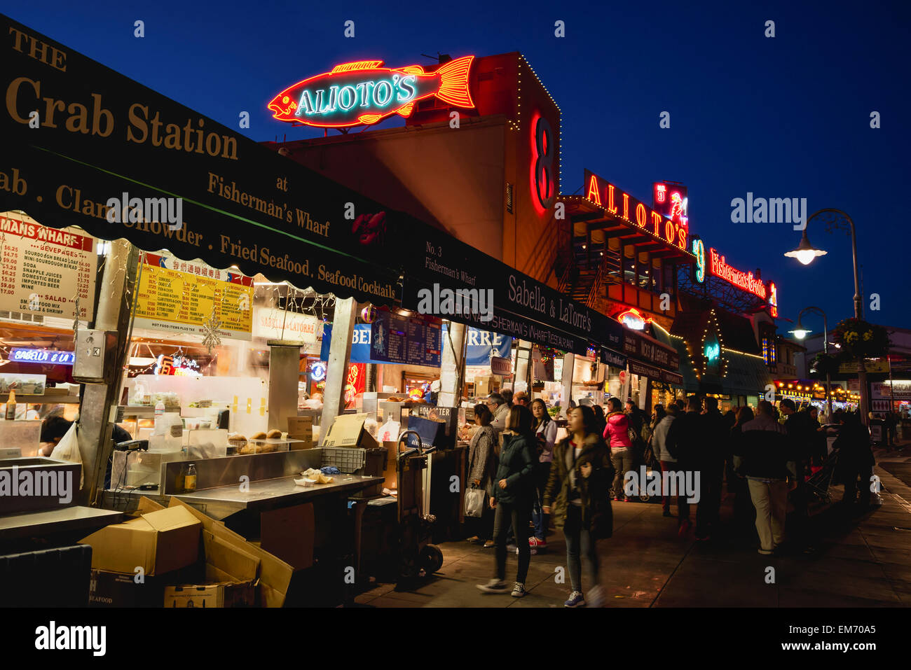 Food stalls along Taylor Street at nighttime, Fisherman's Wharf; San