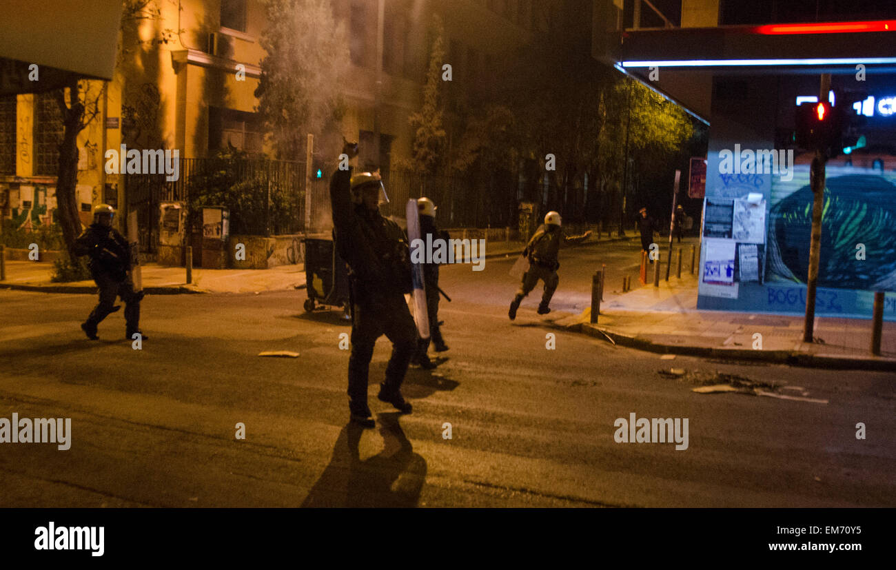 Athens, Greece. 16th Apr, 2015. Riot police clash with rioters.Scuffles ...