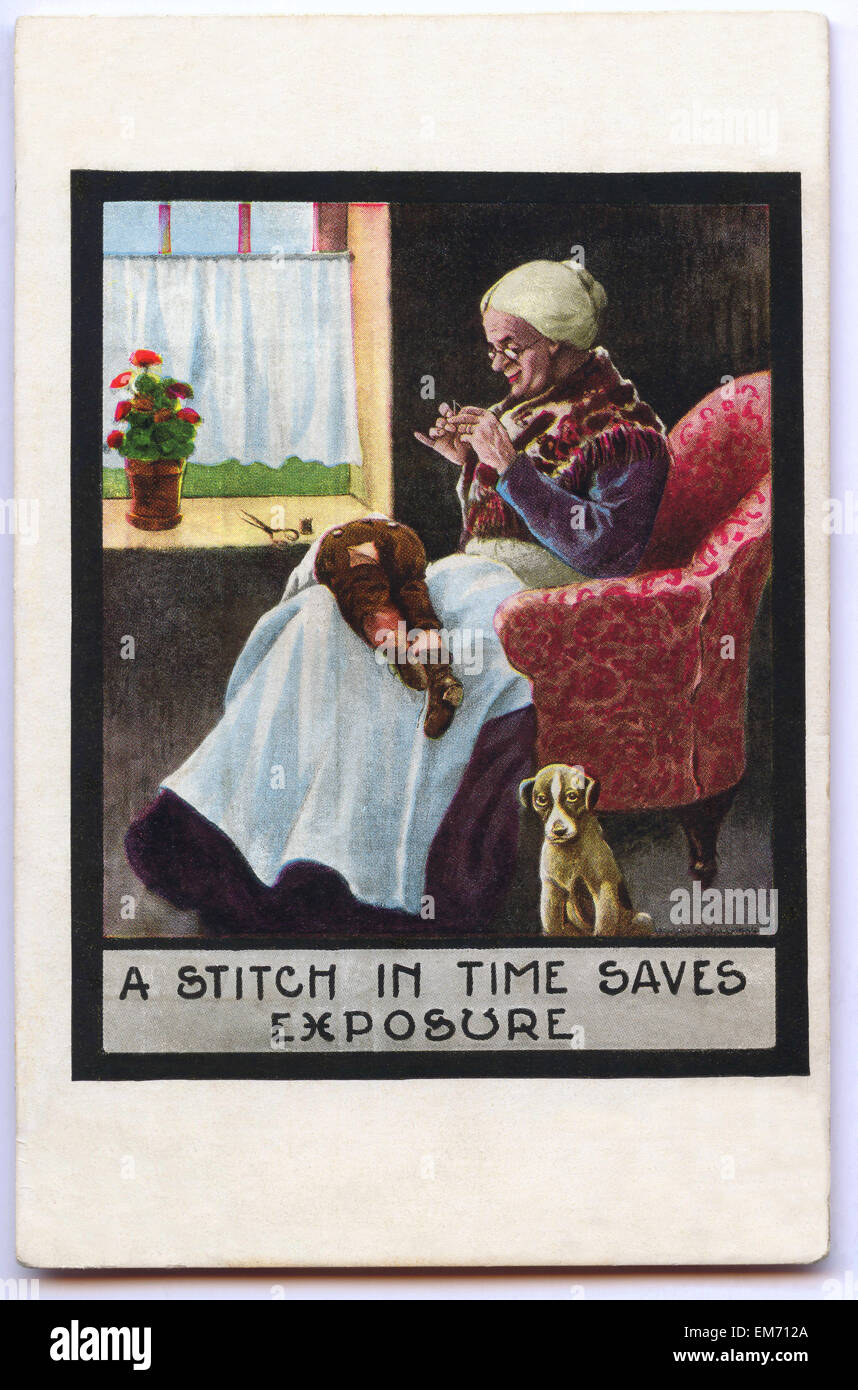 Vintage postcard depicting a grandma stitching  her grandson's pants Stock Photo