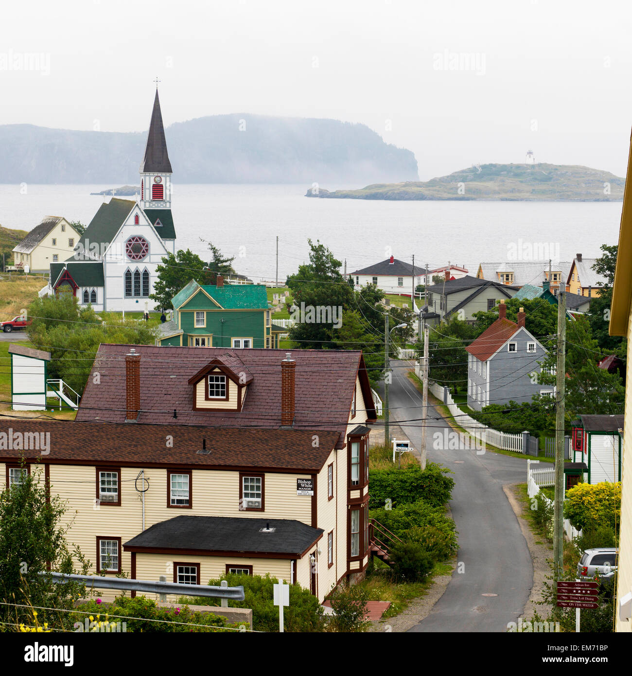 Houses and a church in a quaint atlantic coast town; Trinity
