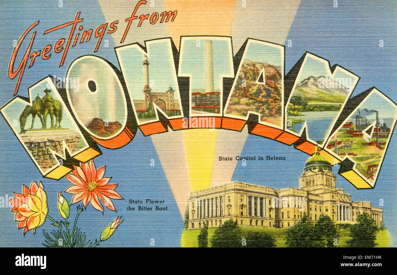 Large letter "Greetings from Montana " state name vintage postcard ca