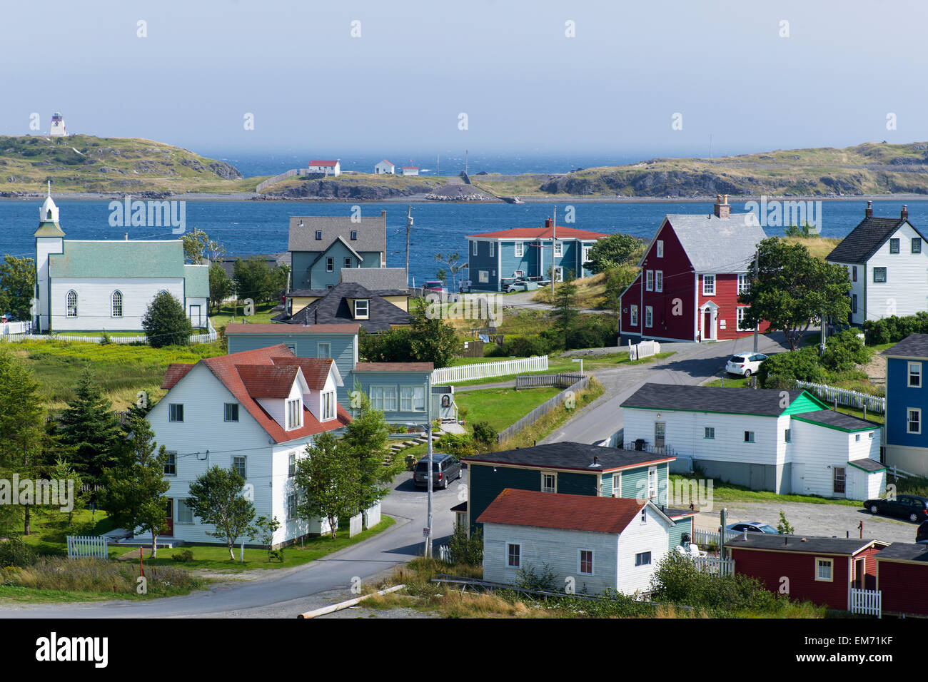 Colourful homes, buildings and churches in an atlantic coast village; Bonavista, Newfoundland and Labrador, Canada Stock Photo