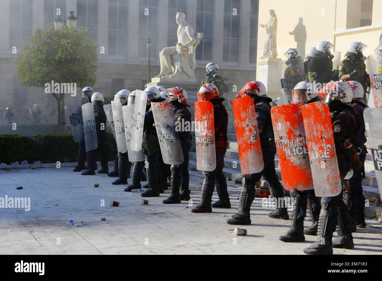 Athens, Greece. 16th Apr, 2015. Riot Police officers are standing ...