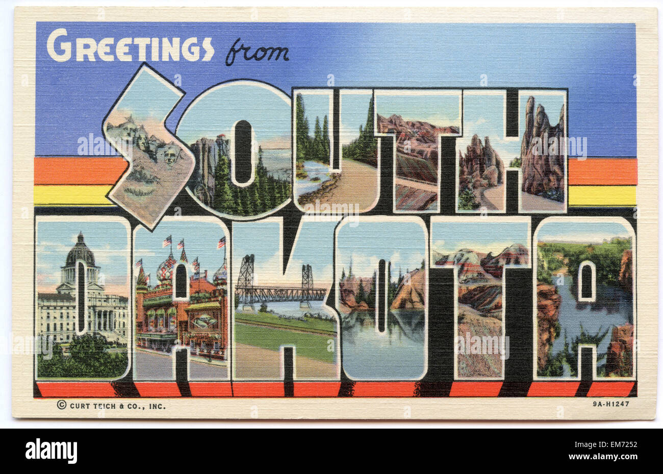 Large letter 'Greetings from South Dakota ' state name vintage postcard ca. 1930's-1940's Stock Photo
