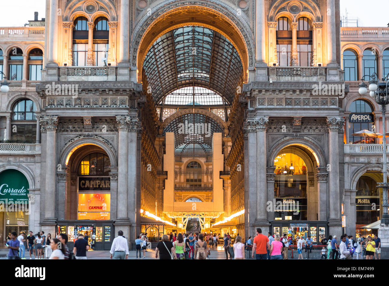 Outside exterior view of Galleria Vittorio Emanuele II at dusk in Milan, Italy Stock Photo