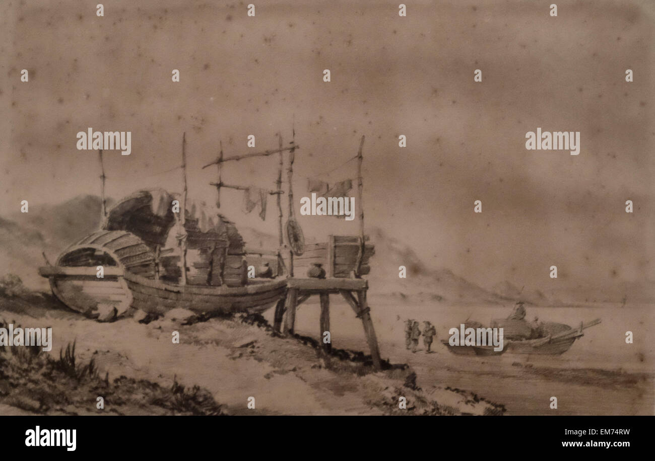 Boat dwellings by the shore, Macau, 1839 Stock Photo