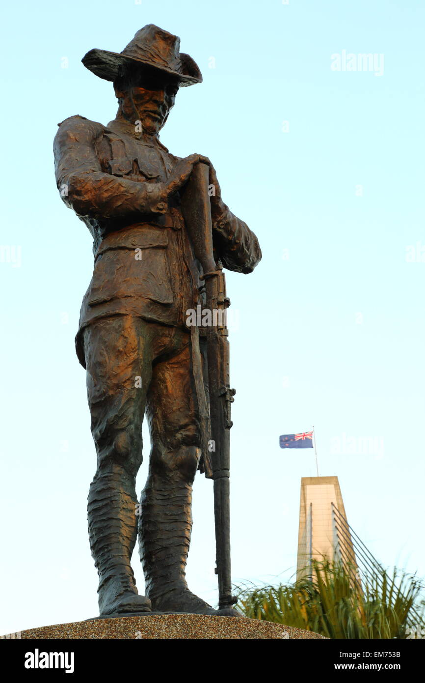 A bronze memorial statue of an Australian ANZAC soldier ("digger") on the ANZAC Bridge in Sydney, NSW, Australia. Stock Photo