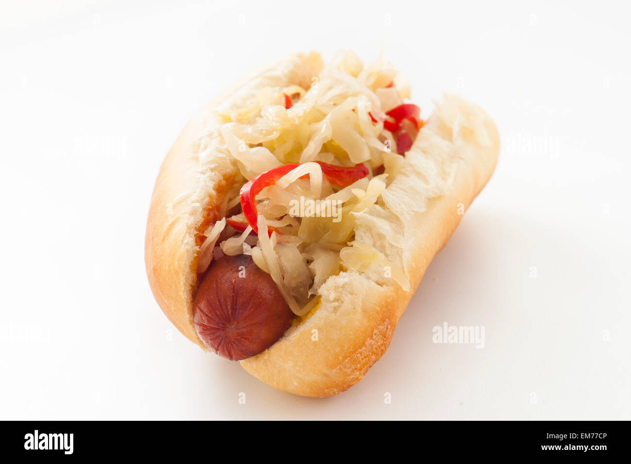 Grilled Hot Dog with sauerkraut and hot red peppers Stock Photo Alamy