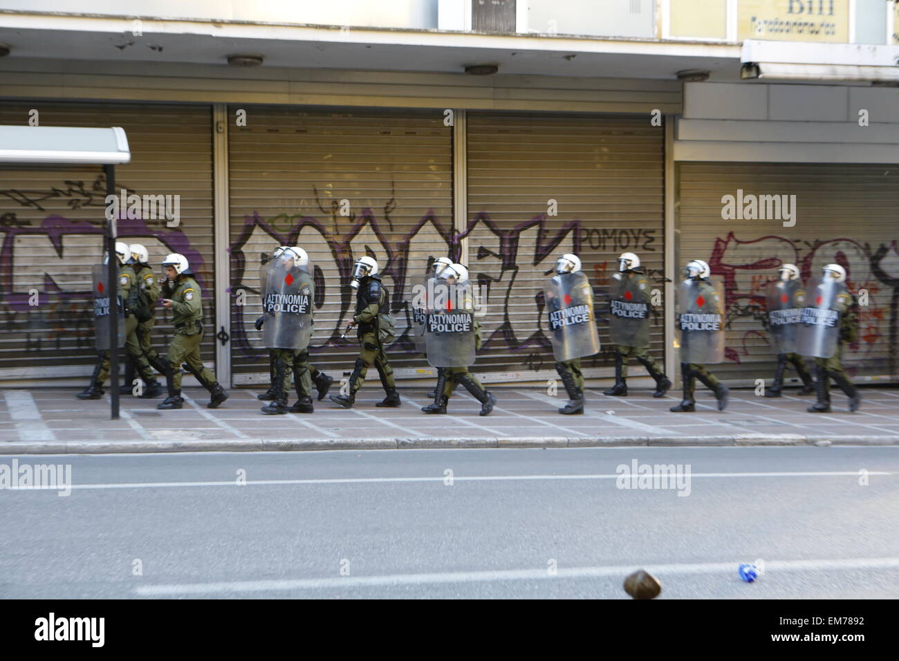 Athens, Greece. 16th April 2015. Riot police officers follow the ...