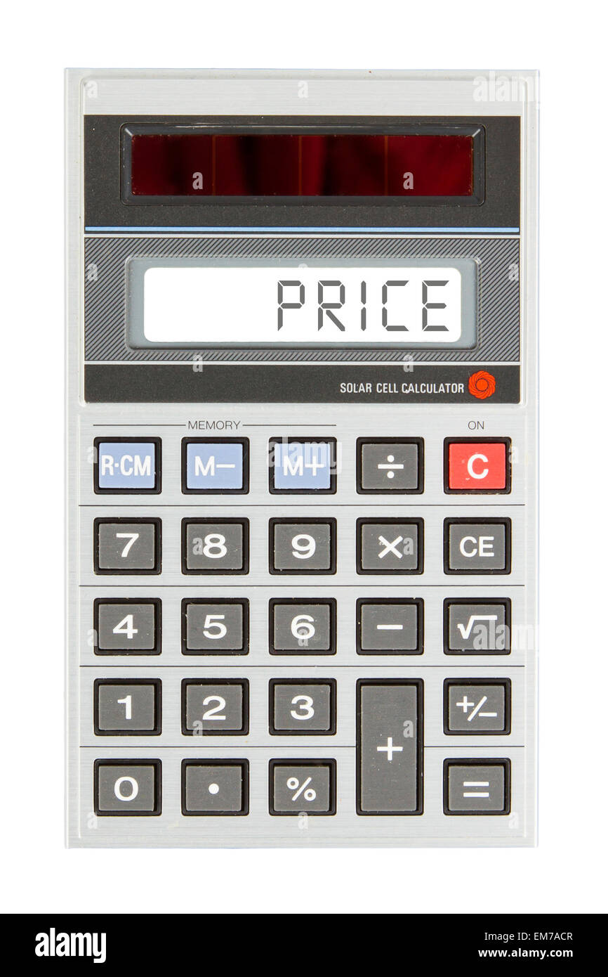 Old calculator showing a text on display - price Stock Photo