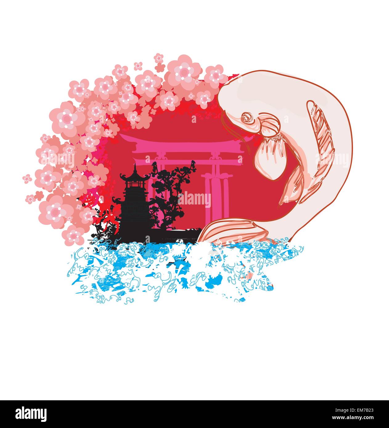 Japanese koi and ancient building background Stock Vector