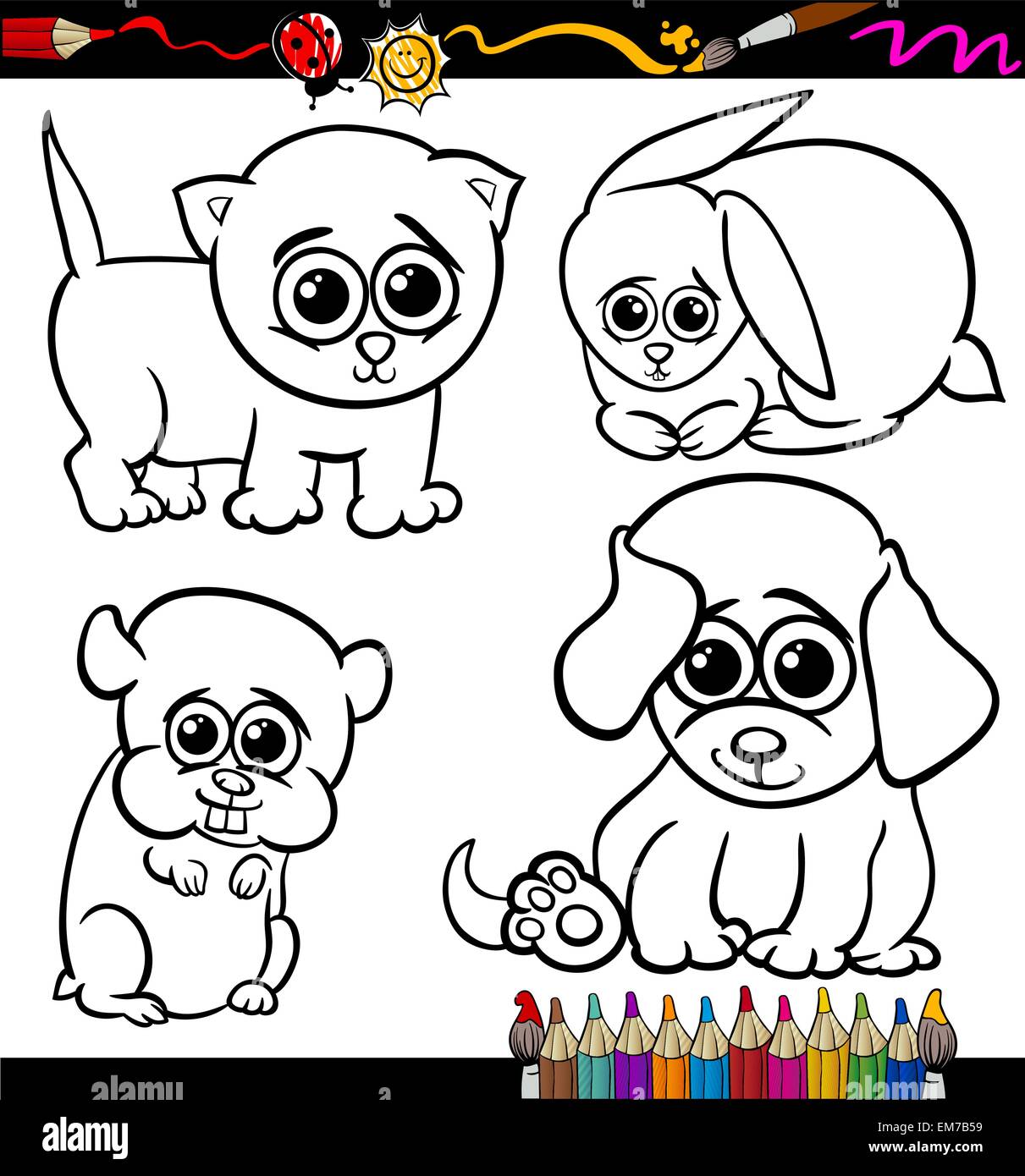 baby pets cartoon set coloring page Stock Vector