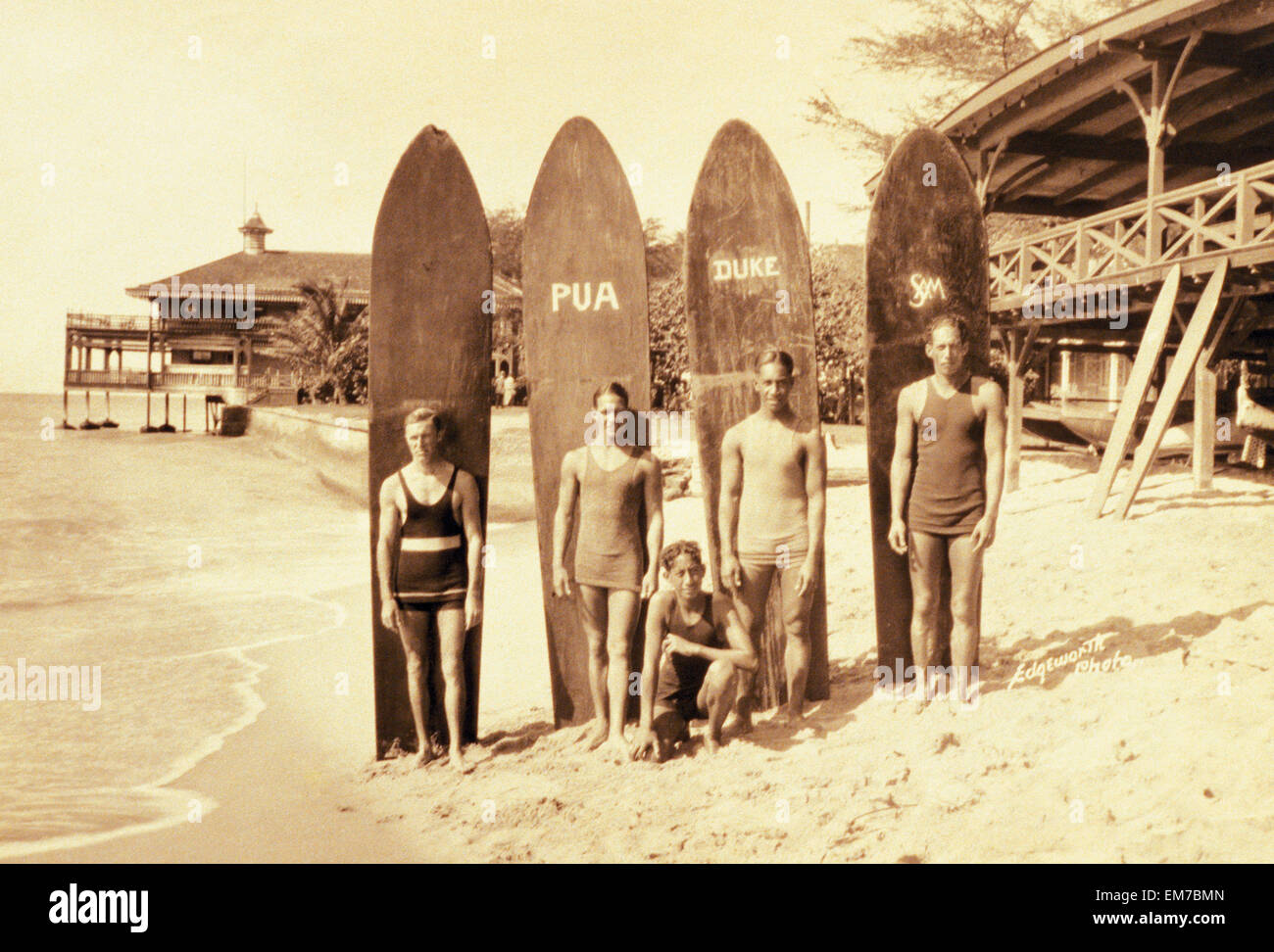 Hawaii, Waikiki Beach Boys, And Duke Kahanamoku W/ Surfboards Stock Photo