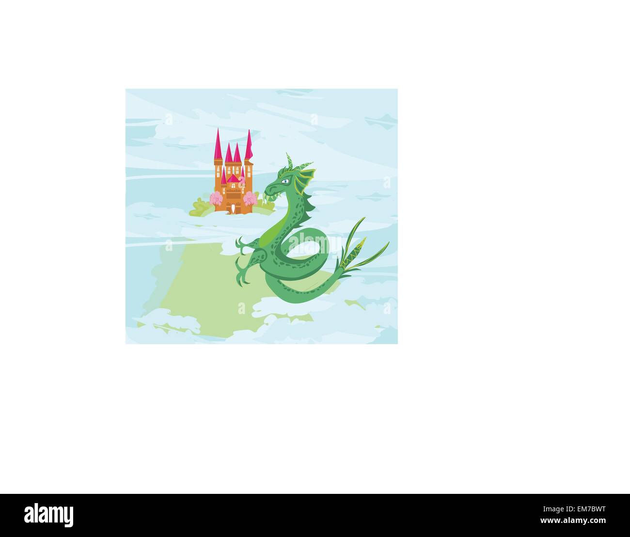 magical fairytale green Dragon near the magic castle Stock Vector