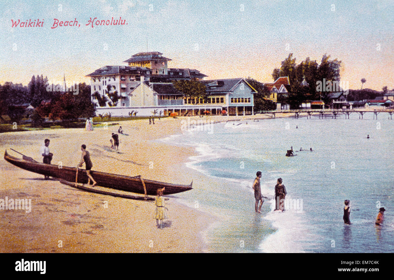 C.1910, Hawaii, Honolulu, Postcard Of Waikiki Beach Scene. Stock Photo