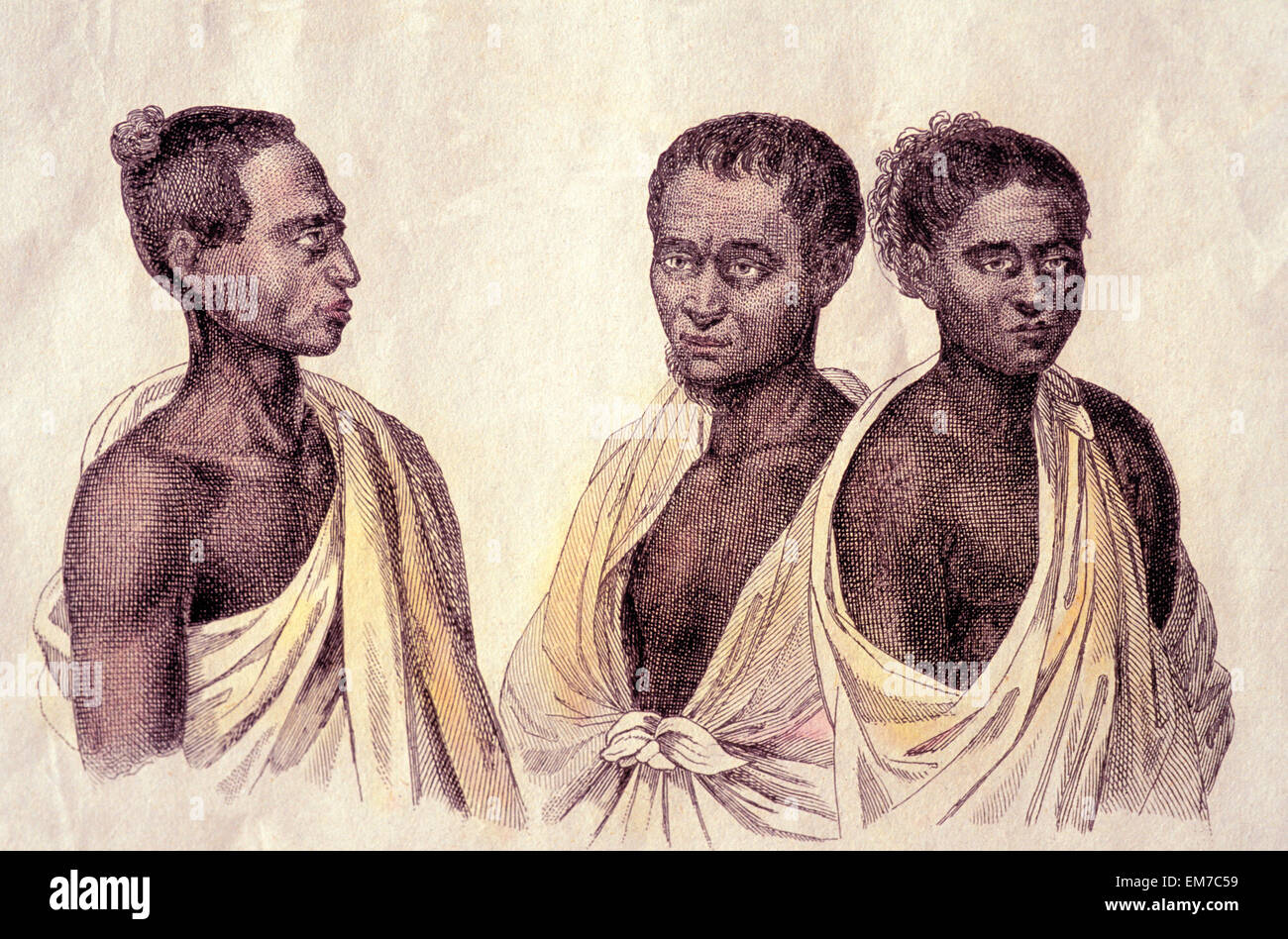 C.1816, Illustration Of Three Hawaiian Men. Artist, Louis Choris. Stock Photo