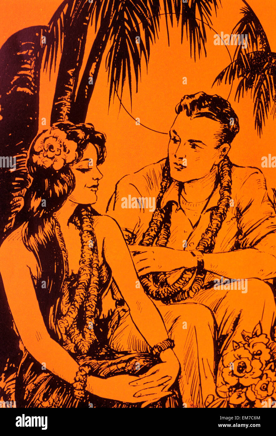 C.1920, Sheet Music, Black And Orange, Hawaiian Girl Sitting With American Man. Stock Photo