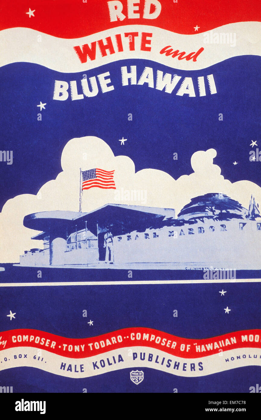 C.1940, Sheet Music, Red, White And Blue Hawaii With Ship, American Flag And Text. Stock Photo