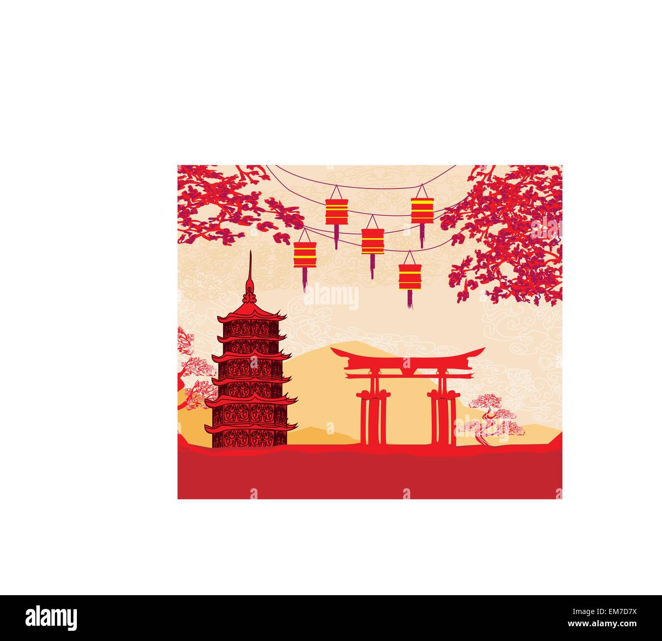 Chinese New Year card - Traditional lanterns and Asian buildings Stock ...
