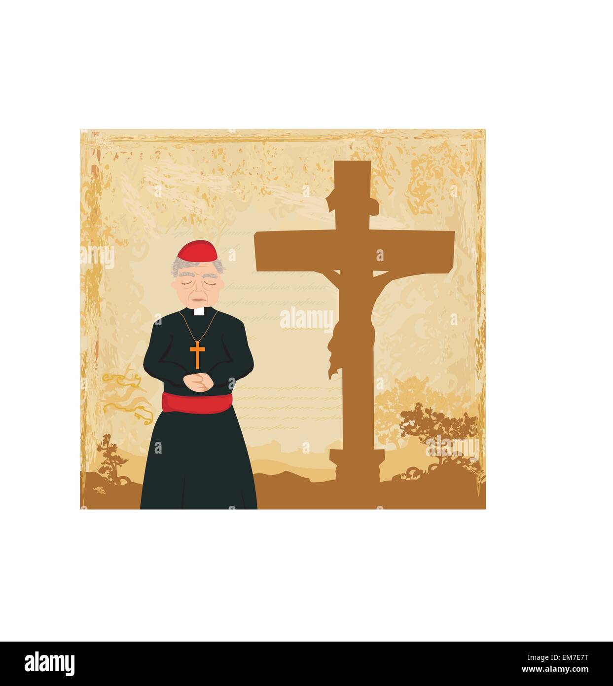 priest prays by the cross, grunge background Stock Vector