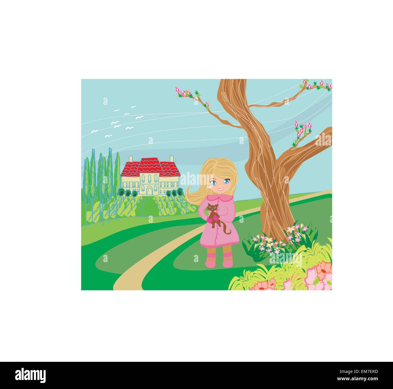 Little girl is walking walking in spring day with a cat in her a Stock Vector