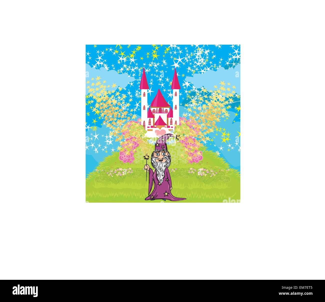 wizard uses magic in front of fairy-tale castle Stock Vector