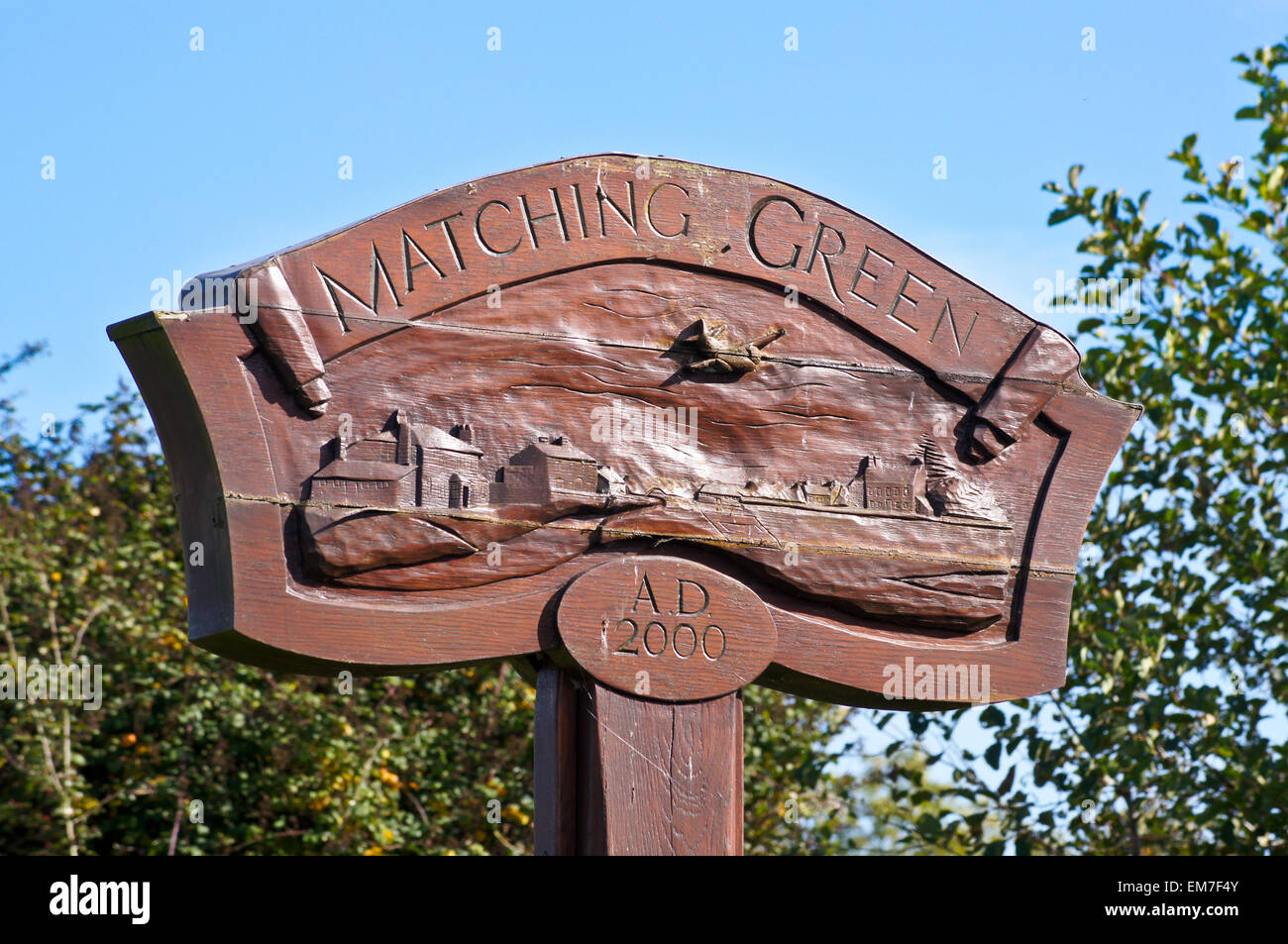 Millennium carved wooden village sign, Matching Green, Essex, England