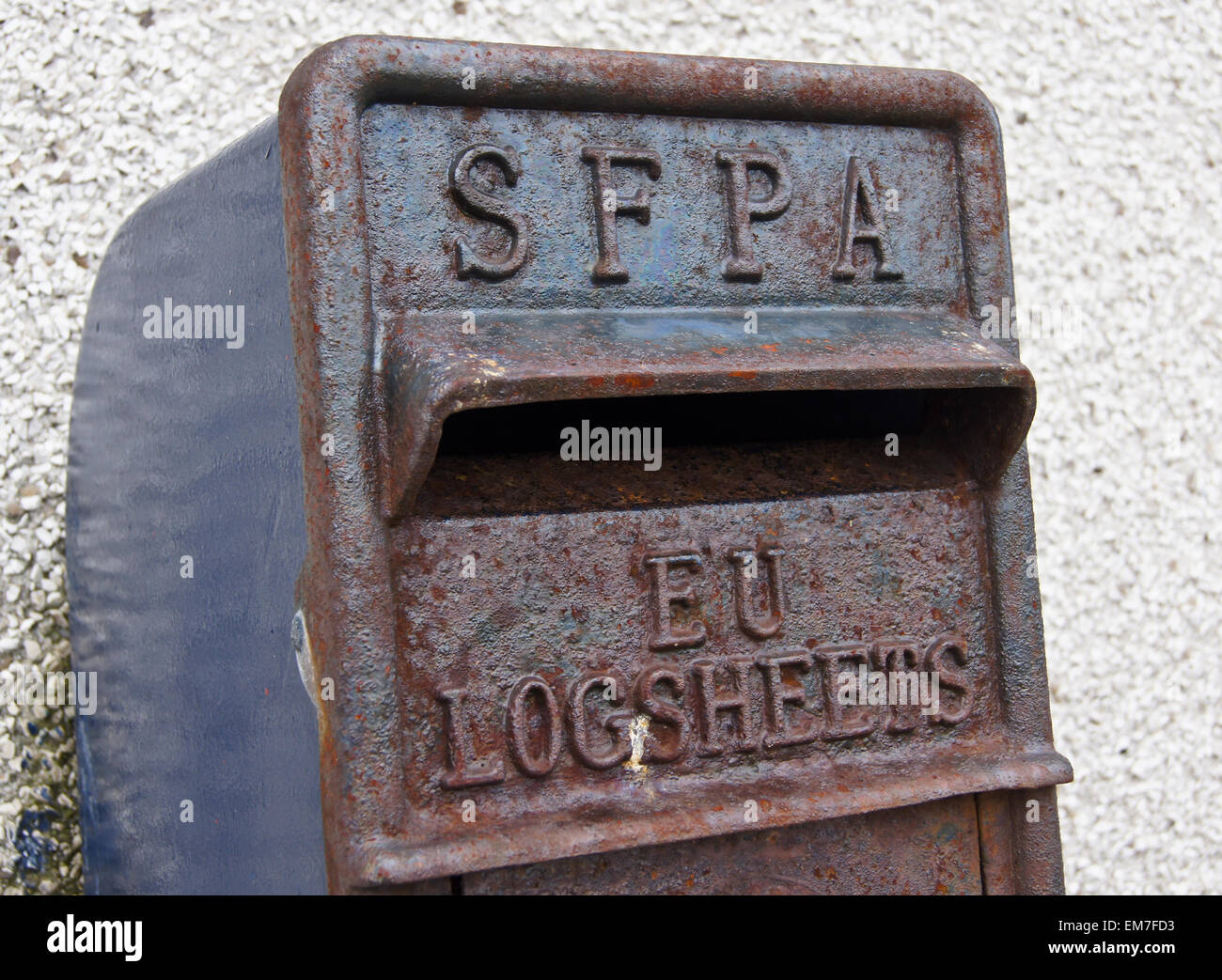 Scottish Fisheries Protection Agency postbox for fishermens' EU logsheets,  Kirkwall harbour, Orkney, Scotland Stock Photo